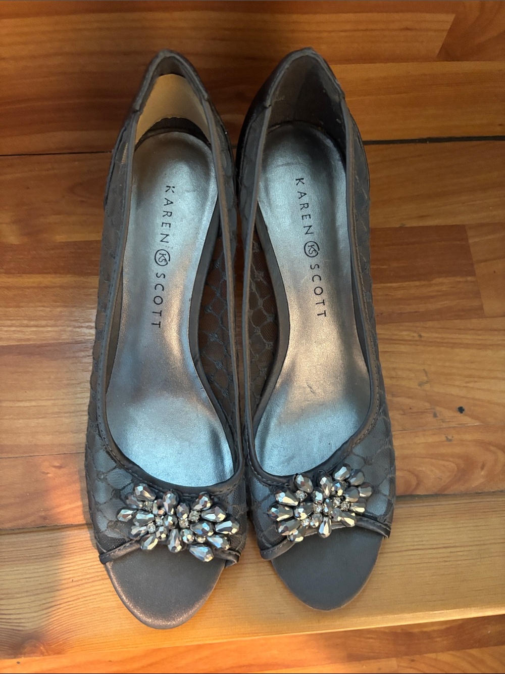 Karen Scott Taupe Lace Peep-Toe Heels with Crystal Cluster